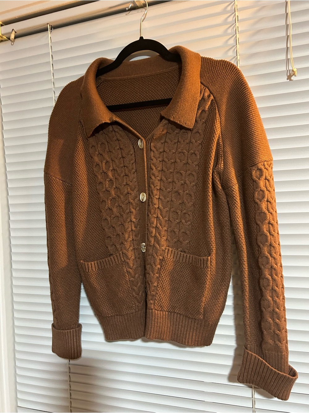 Collared Cable-Knit Button Cardigan in Brown